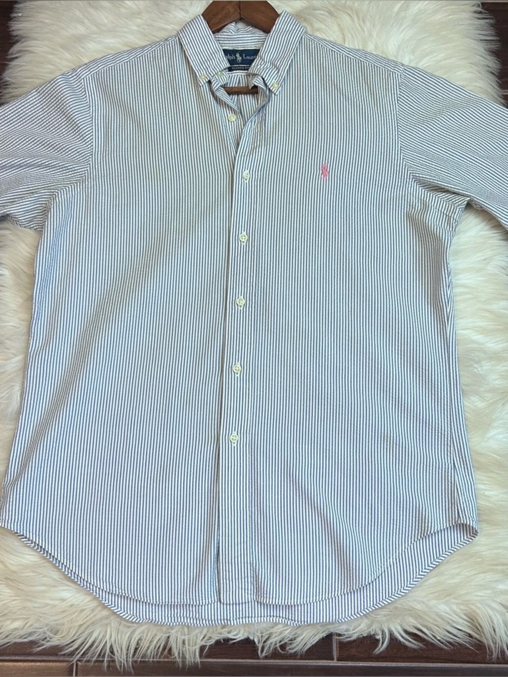 Ralph Lauren Striped Seersucker Button-Down Shirt Blue Men's Medium Preppy Pony